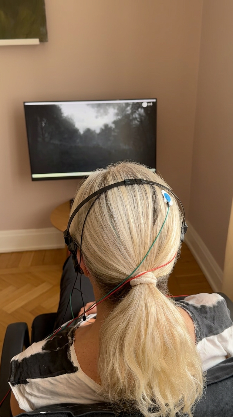 Klient med EEG-sensorer på huvudet tittar på en skärm som visar återkoppling av hjärnaktivitet under en neurofeedbacksession